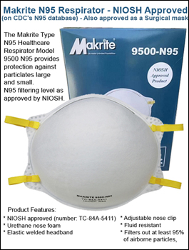 N95 Niosh Approved Makrite 9500 Face Mask (on CDC